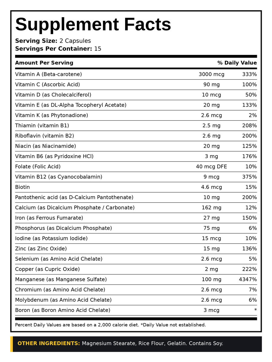 Supplement Facts panel for Daily MultiVitamin