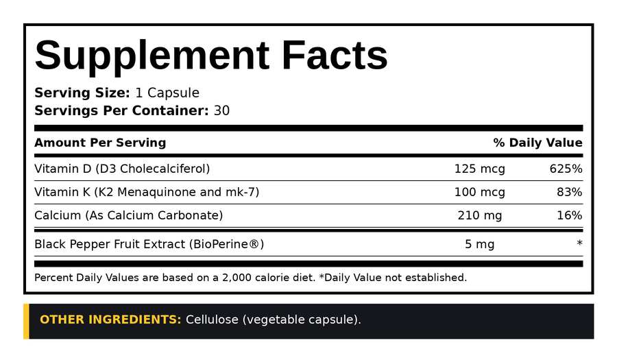 Supplement Facts panel for Vitamin K2 + D3